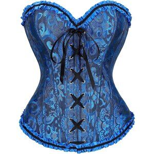 Women's Black/Blue Lace up Boned Bustier Floral Overbust Corset for Halloween